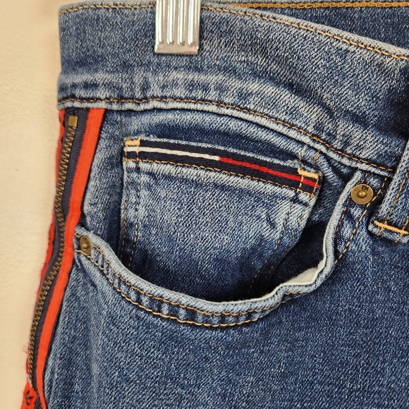 Vintage Y2K Tommy Hilfiger Zipper Jeans High Rise Stretchy Raw Hem Red Logo 34 - Picture 6 of 12